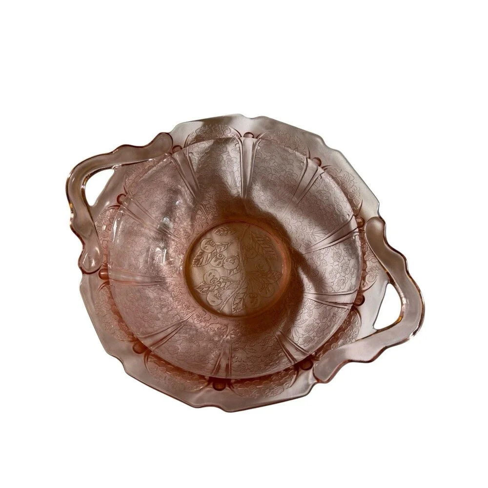 Jeannette Pink Cherry Blossom Depression Glass 11” Dual Handle‎ Serving Bowl
